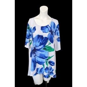 Susan Graver Embellished Flower Printed Liquid Knit Elbow Sleeve Tunic Size XL